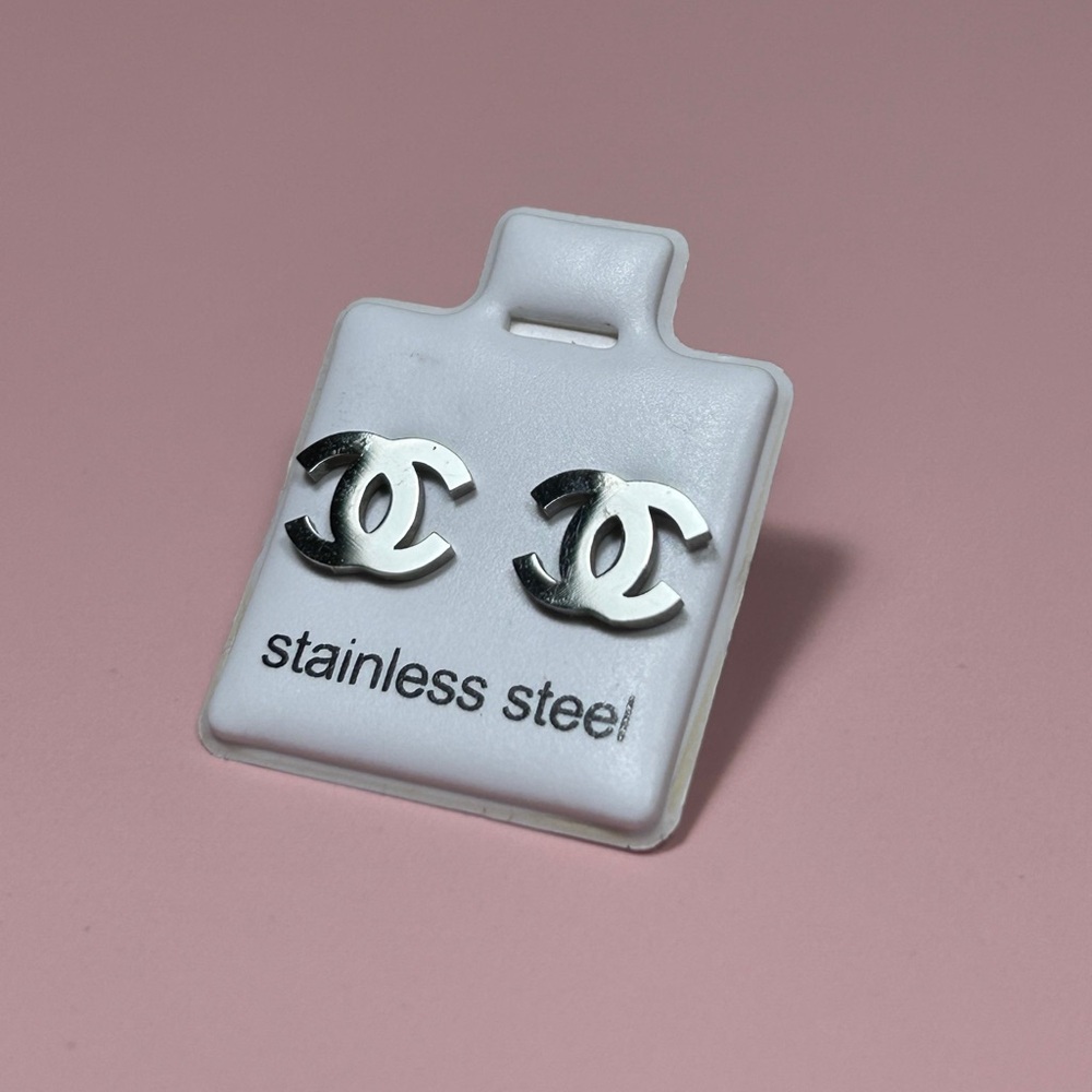 Trendy Silver Stainless Steel Monogram Earrings